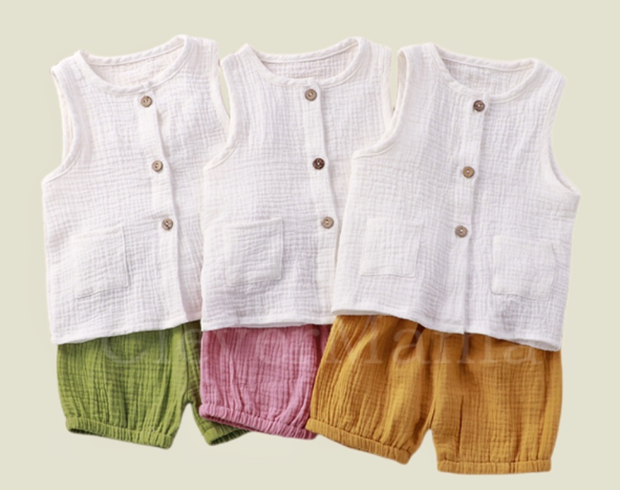 2pcs set Muslin Cotton Button-Down Top and Shorts Sets