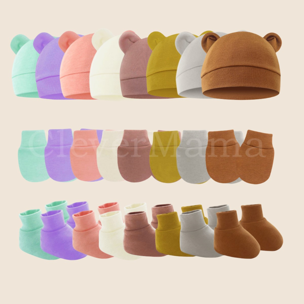 3in1 set Plain Bear Ears Newborn Babies Bonnet+ Mittens+Booties set