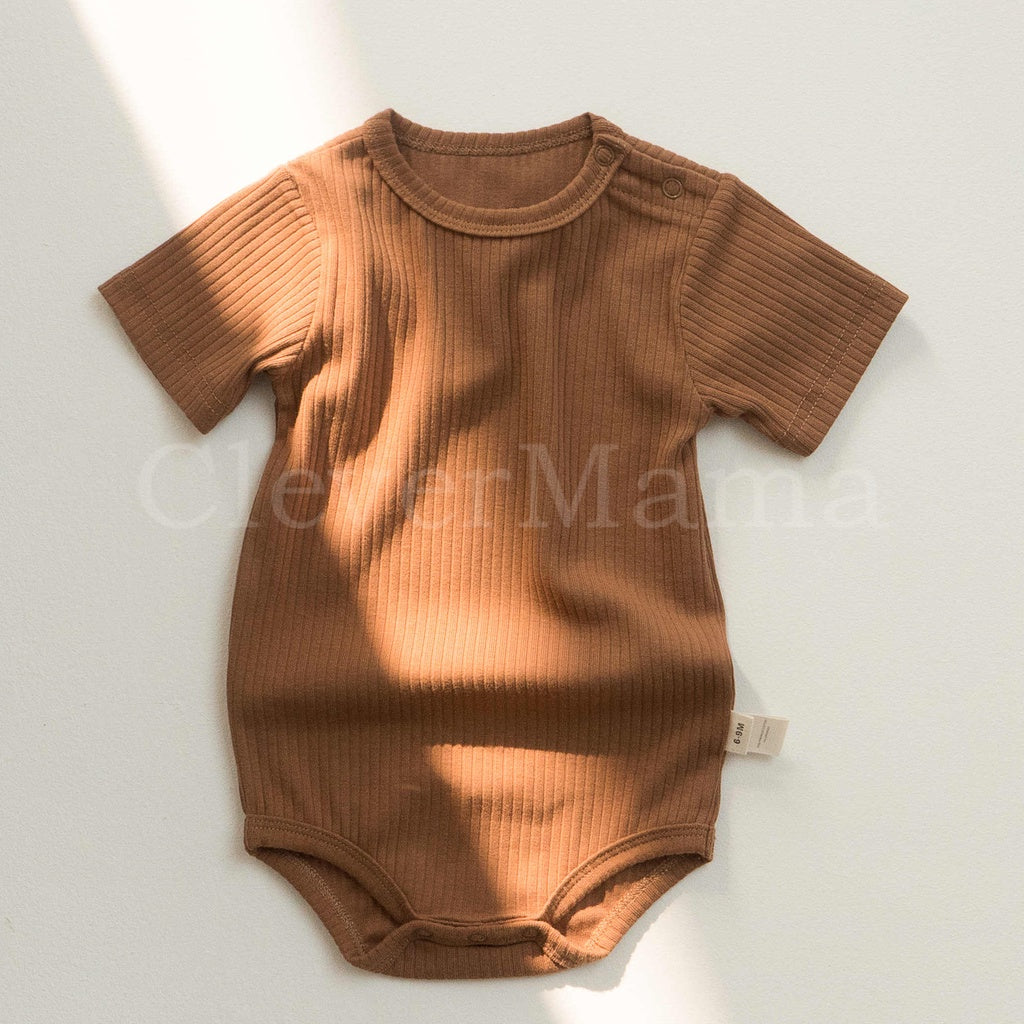 Premium Rib Knitted Newborn Short-Sleeve Plain Cotton Onesie