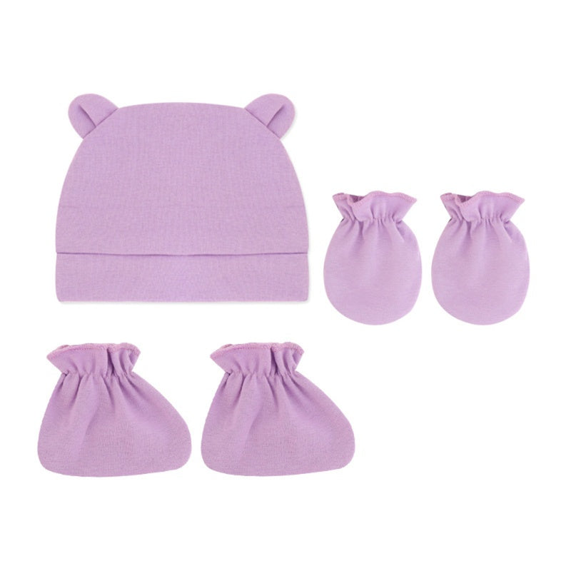 3in1 set Plain Bear Ears Newborn Babies Bonnet+ Mittens+Booties set