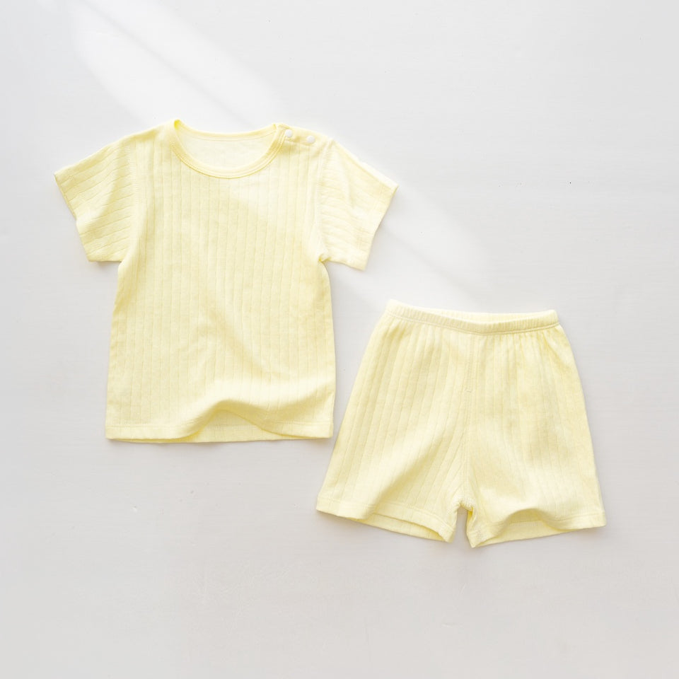 Textured Cotton Plain Short-Sleeve Top and Shorts Set