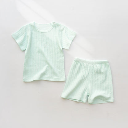 Textured Cotton Plain Short-Sleeve Top and Shorts Set