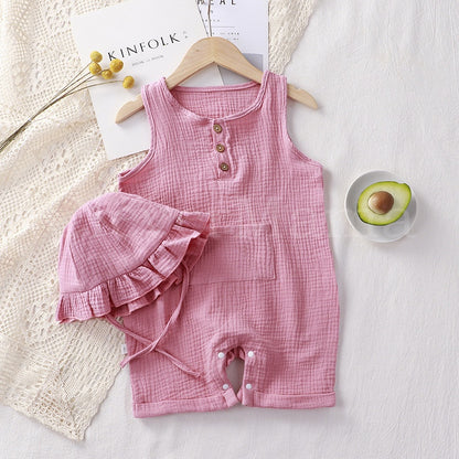 2pcs set Muslin Cotton Plain Sleeveless Cropped Jumpsuit