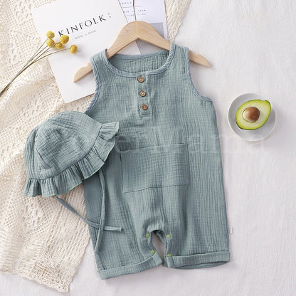 2pcs set Muslin Cotton Plain Sleeveless Cropped Jumpsuit