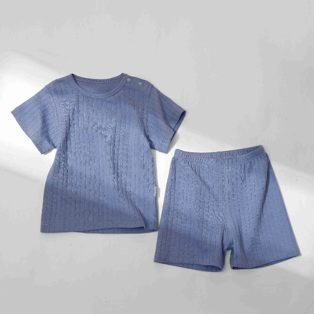 Textured Cotton Plain Short-Sleeve Top and Shorts Set