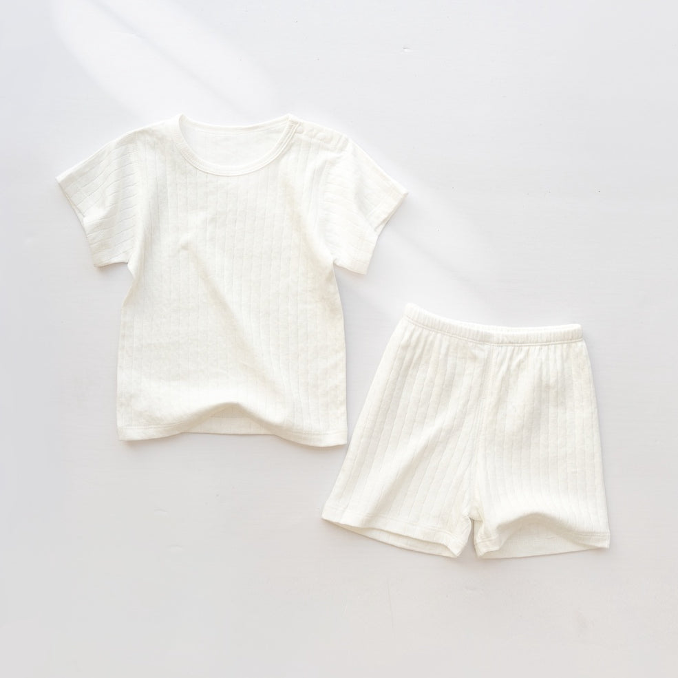 Textured Cotton Plain Short-Sleeve Top and Shorts Set