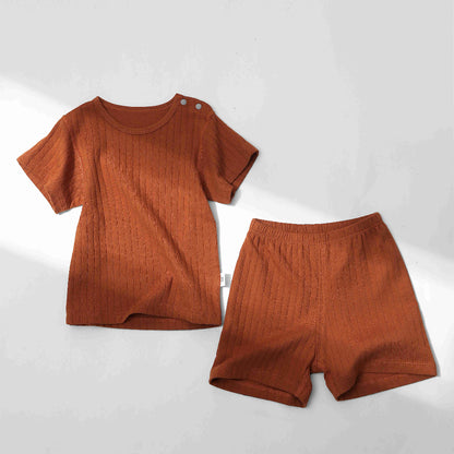 Textured Cotton Plain Short-Sleeve Top and Shorts Set