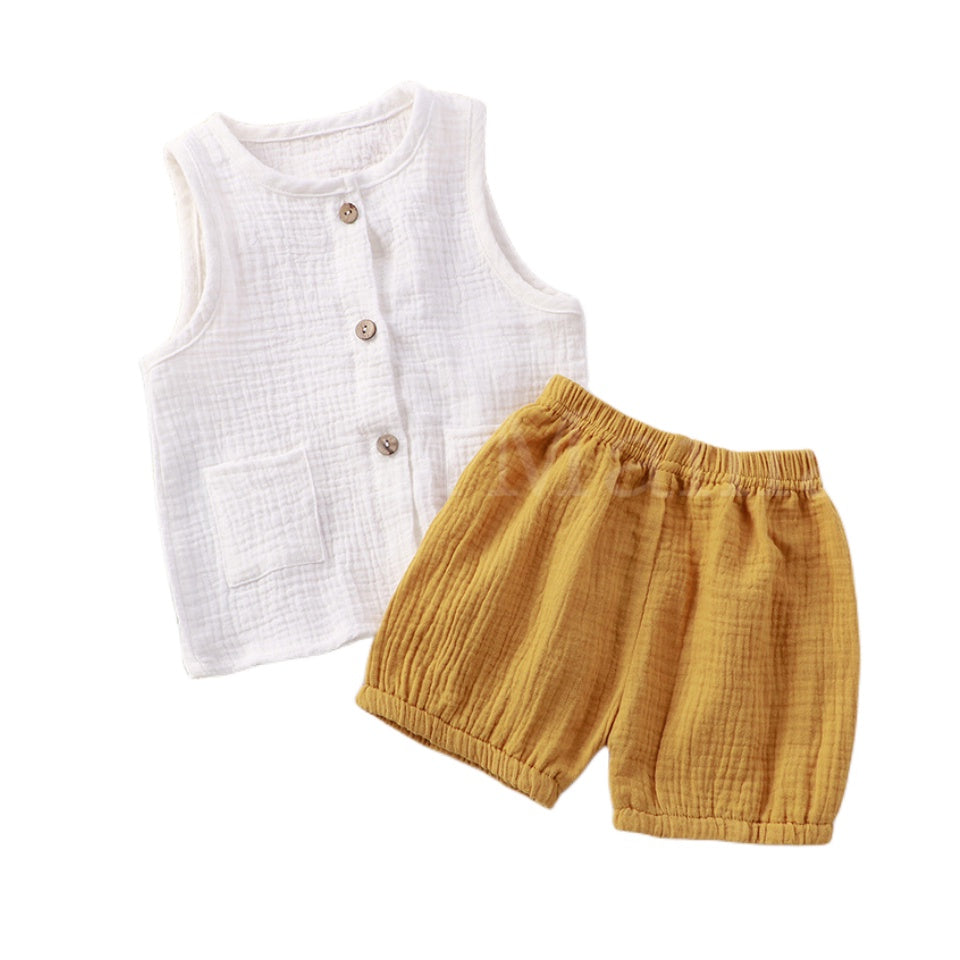 2pcs set Muslin Cotton Button-Down Top and Shorts Sets